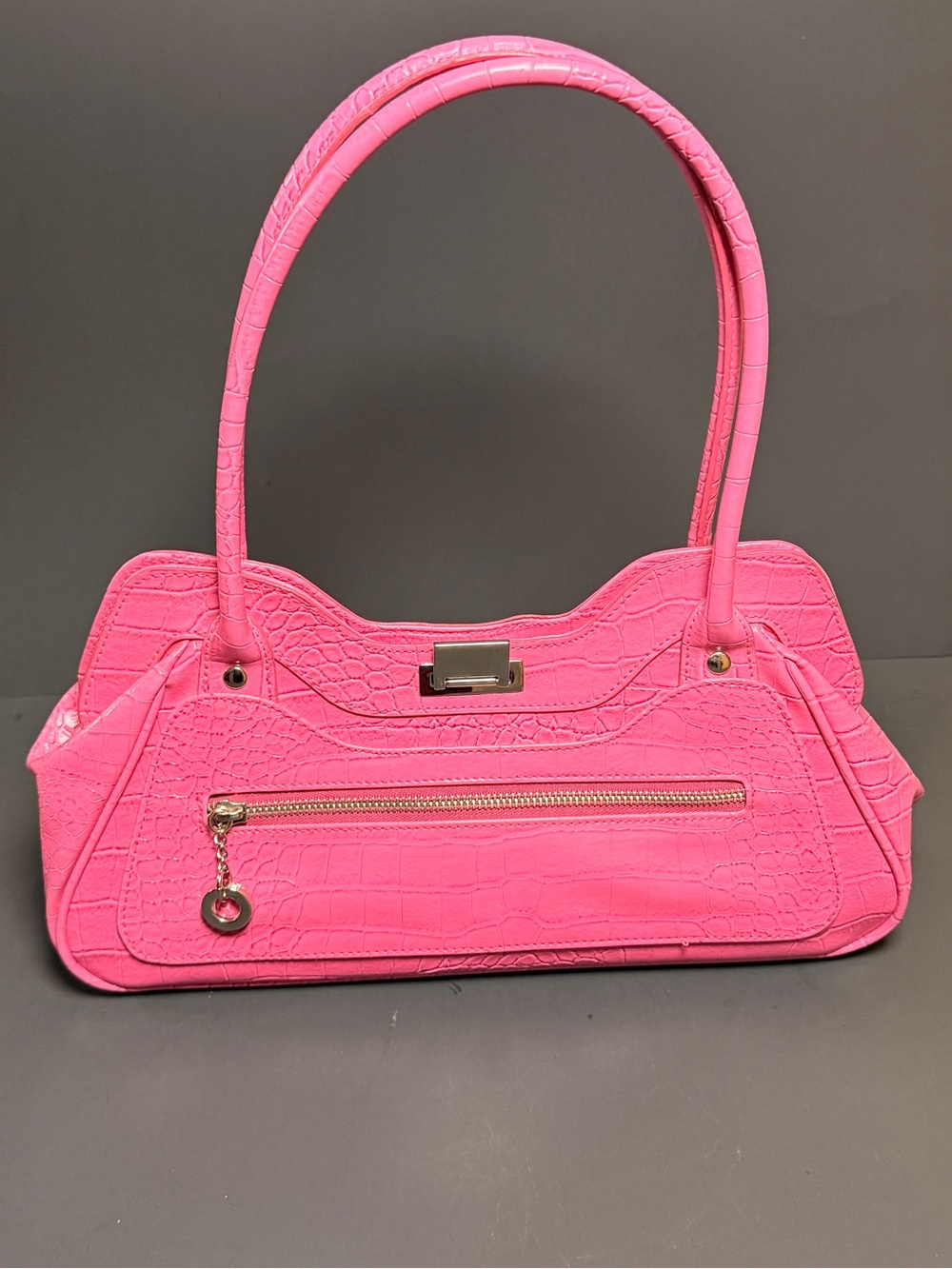 Vintage Pink Croc-Embossed Shoulder Bag - Unbranded
